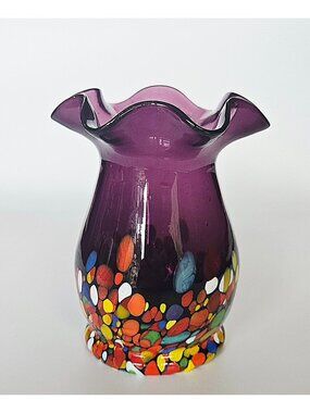 Hand-Blown Purple Glass Vase With Multi-Color Confetti Base 4.5"